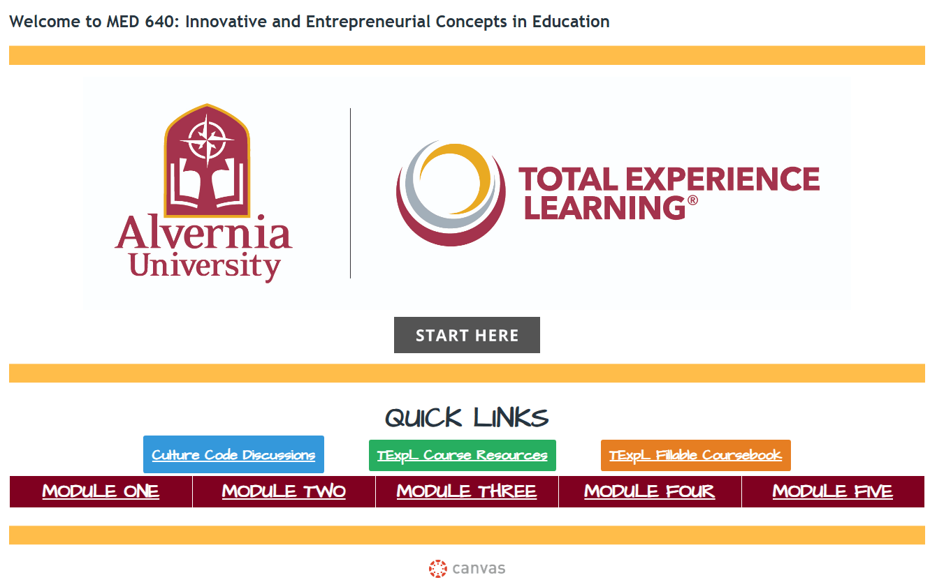 MED 640 Canvas course homepage with Alvernia University and Total Experience Learning branding, Start Here button, and five-module navigation