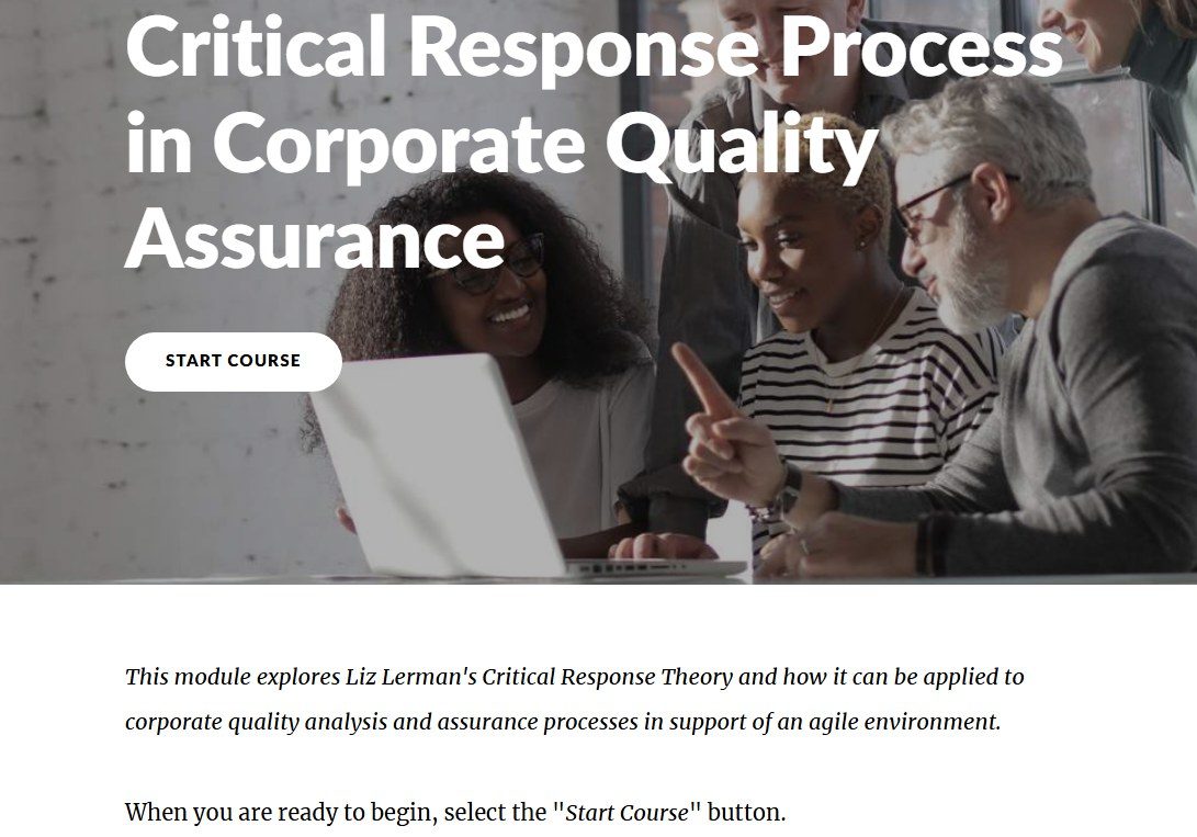 Critical Response Process in Corporate Quality Assurance course title screen, showing a team collaborating around a laptop